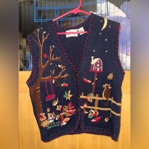 Vintage Chandler Hill Women’s Med Sweater Vest Fall Leaves-cat & Embroidered